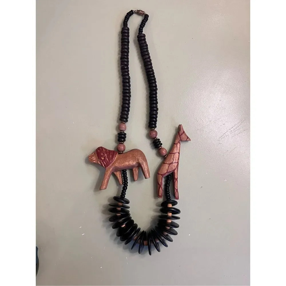 Women’s Brown Black Vintage Carved Wood Tribal Lion‎ Giraffe African Necklace